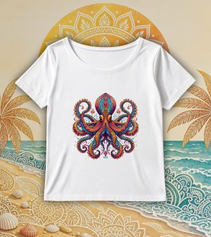 T-shirt blanc col rond large femme vue de face Pieuvre Mandala I Col rond Femmes / Pieuvre ~ Mandala