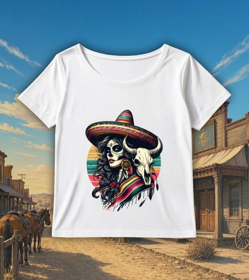 T-shirt blanc col rond large femme vue de face Visuel Bufles II - Western Col rond Femmes / Buffle II ~ Westerns