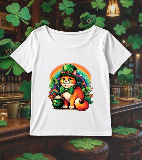 T-shirt blanc col rond large femme vue de face Visuel Chats I - Saint Patrick Col rond Femmes / Chat ~ Saint Patrick