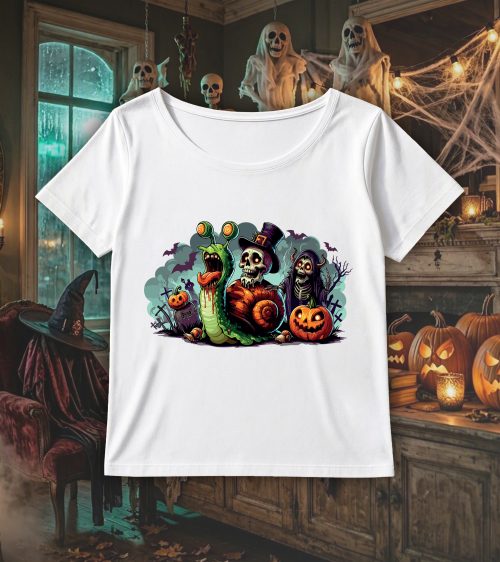 T-shirt blanc col rond large femme vue de face Visuel Escargots 1 - Horreurs Col rond Femmes / Escargot ~ Horreurs