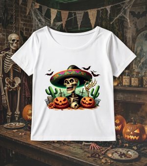 T-shirt blanc col rond large femme vue de face Visuel Halloween 2 Col rond Femmes / Skull II ~ Horreurs