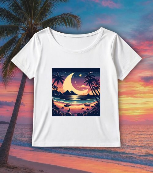 T-shirt blanc col rond large femme vue de face Visuel Lune de mer I - Paysages Col rond Femmes / Lune de mer ~ Summers Vibes