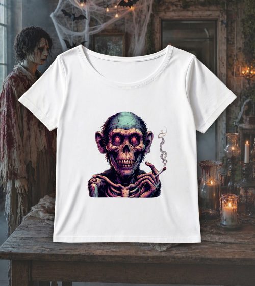 T-shirt blanc col rond large femme vue de face Visuel Singe Halloween 1 Col rond Femmes / Singe ~ Horreurs