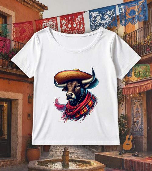 T-shirt blanc col rond large femme vue de face Visuel Taureaux I - Dances & fiestas Col rond Femmes / Taureau ~ Danses & Fiestas