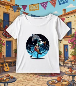 T-shirt blanc col rond large femme vue de face Visuel Zèbres II - Dances & fiestas Col rond Femmes / Zèbre II ~ Danses & Fiestas