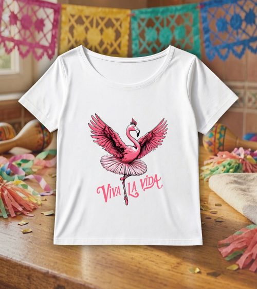T-shirt blanc col rond large femme vue de face Visuel animaux drôles I -Dances & fiestas Col rond Femmes / Flamant rose ~ Danses & Fiestas