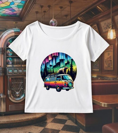 T-shirt blanc col rond large femme vue de face Visuel van III - Véhicules Col rond Femmes / Van III ~ Vintages Cars
