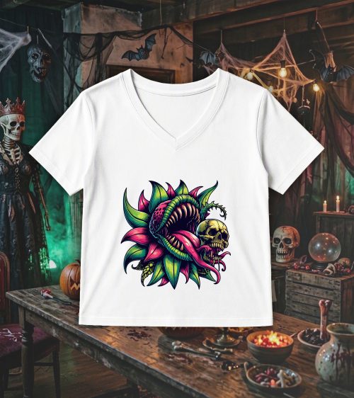 T-shirt col v blanc femmes Visuel Fleurs 1 - Horreurs Col V Femmes / Floor ~ Horreurs