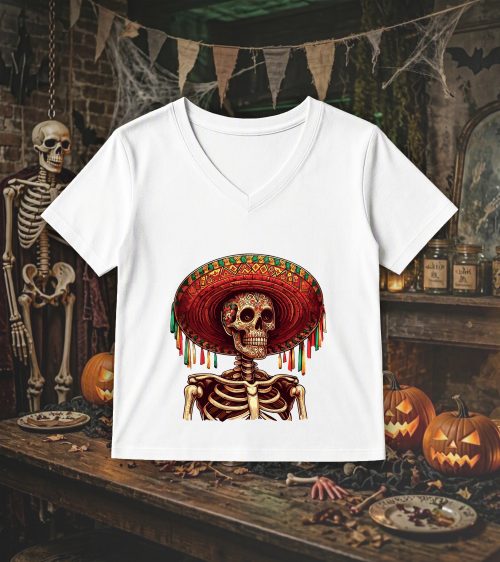 T-shirt col v blanc femmes Visuel Halloween 1 Col V Femmes / Skull I ~ Horreurs
