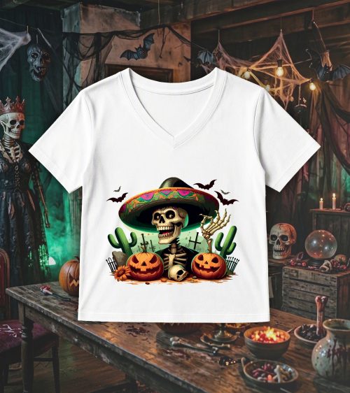 T-shirt col v blanc femmes Visuel Halloween 2 Col V Femmes / Skull II ~ Horreurs