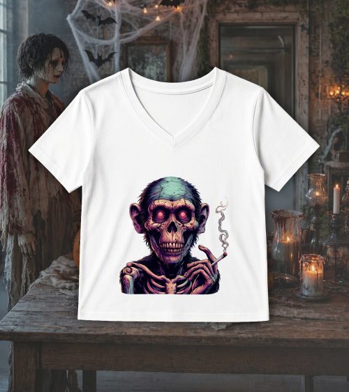 T-shirt col v blanc femmes Visuel Singe Halloween 1 Col V Femmes / Singe ~ Horreurs