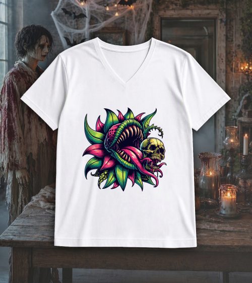 T-shirt col v blanc hommes Visuel Fleurs 1 - Horreurs Col V Hommes / Floor~ Horreurs