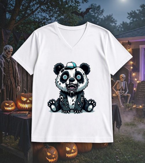 T-shirt col v blanc hommes Visuel Panda halloween 2 Col V Hommes / Panda II ~ Horreurs