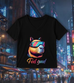 T-shirt noir col V femme vue de face Capybara lunettes futuristes I Col V Femmes / Capybara ~ Colors Vibes