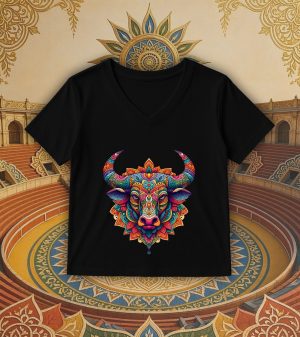 T-shirt noir col V femme vue de face Taureau Mandala I Col V Femmes / Taureau ~ Mandala