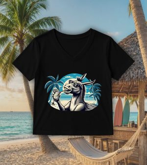T-shirt noir col V femme vue de face Visuel Ânes I - Eat me, drunk me Col V Femmes / Âne I ~ Summers Vibes