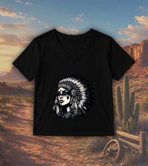T-shirt noir col V femme vue de face Visuel Apaches I - Western Col V Femmes / Apache I ~ Westerns