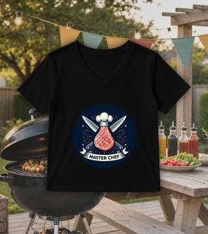 T-shirt noir col V femme vue de face Visuel Barbecue I - Eat me, drunk me Col V Femmes / Barbecue ~ Eat me, drink me