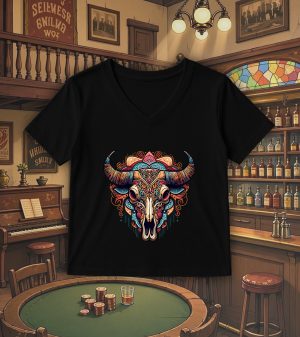 T-shirt noir col V femme vue de face Visuel Bufles I - Western Col V Femmes / Buffle I ~ Westerns