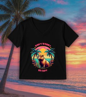 T-shirt noir col V femme vue de face Visuel Capybara I - Natures Col V Femmes / Capybara I ~ Summers Vibes