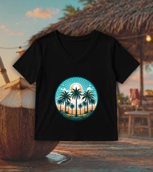 T-shirt noir col V femme vue de face Visuel Fleurs I - Natures Col V Femmes / Palmiers ~ Summers Vibes