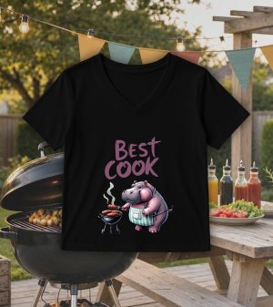 T-shirt noir col V femme vue de face Visuel Hippopotames I - Eat me, drunk me Col V Femmes / Hippopotame ~ Eat me, drink me