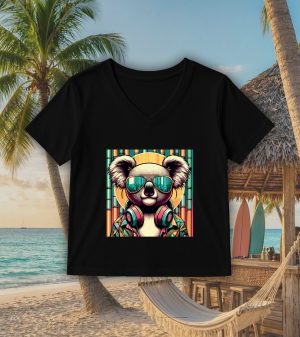 T-shirt noir col V femme vue de face Visuel Koalas I - Animaux Col V Femmes / Koala ~ Summers Vibes