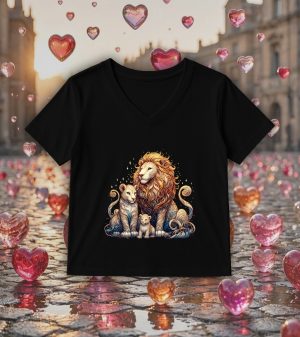 T-shirt noir col V femme vue de face Visuel Lions I - Animaux Col V Femmes / Lions ~ Loves