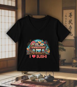 T-shirt noir col V femme vue de face Visuel sushis 2 - Asia Col V Femmes / Sushis II ~ Asia