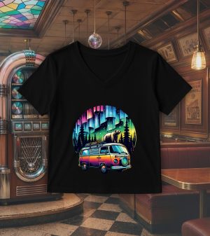 T-shirt noir col V femme vue de face Visuel van III - Véhicules Col V Femmes / Van III ~ Vintages Cars