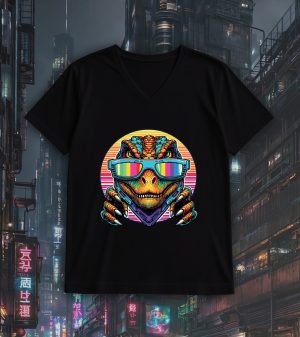T-shirt noir col V homme vue de face Dinausaures lunettes I Col V Hommes / Dinosaure I ~ Colors Vibes