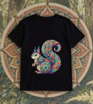 T-shirt noir col V homme vue de face Ecureuil Mandala I Col V Hommes / Ecureuil ~ Mandala