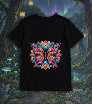 T-shirt noir col V homme vue de face Papillon Mandala II Col V Hommes / Papillon II ~ Mandala