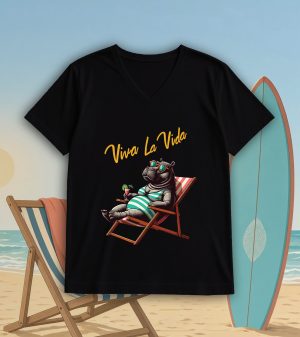 T-shirt noir col V homme vue de face Visuel Animaux drôles I - Humours Col V Hommes / Hippopotame II ~ Summers Vibes