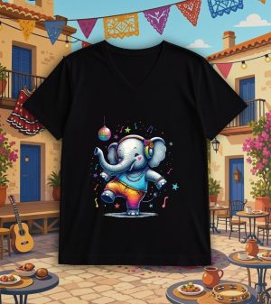 T-shirt noir col V homme vue de face Visuel Eléphants I - Dances & fiestas Col V Hommes / Eléphant ~ Danses & Fiestas