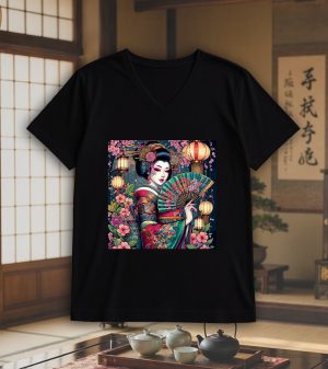 T-shirt noir col V homme vue de face Visuel Geishas III - Asia Col V Hommes / Geïsha III ~ Asia