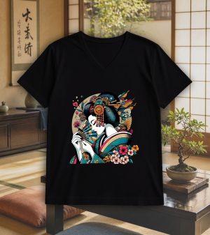 T-shirt noir col V homme vue de face Visuel Geishas IV - Asia Col V Hommes / Geïsha IV ~ Asia