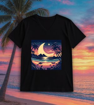T-shirt noir col V homme vue de face Visuel Lune de mer I - Paysages Col V Hommes / Lune de Mer ~ Summers Vibes