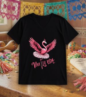 T-shirt noir col V homme vue de face Visuel animaux drôles I - Dances & fiestas Col V Hommes / Flamant rose ~ Danses & Fiestas