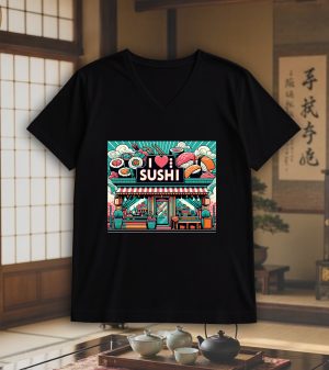 T-shirt noir col V homme vue de face Visuel sushis I - Asia Col V Hommes / Sushis I ~ Asia