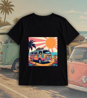 T-shirt noir col V homme vue de face Visuel van II - Véhicules Col V Hommes / Van II ~ Vintages Cars
