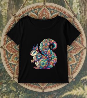 T-shirt noir col rond large femme vue de face Ecureuil Mandala I Col rond Femmes / Ecureuil ~ Mandala