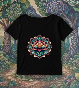 T-shirt noir col rond large femme vue de face Lotus mandala I Col rond Femmes / Lotus ~ Mandala