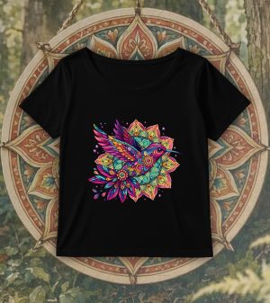 T-shirt noir col rond large femme vue de face Oiseaux Mandala I Col rond Femmes / Oiseaux ~ Mandala