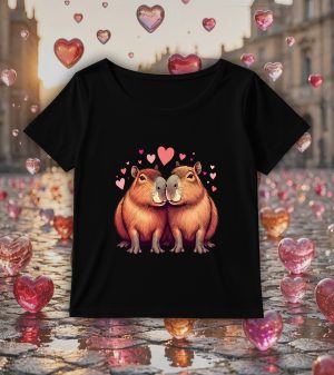 T-shirt noir col rond large femme vue de face Visuel Capybaras amoureux I - Loves Col rond Femmes / Capybaras ~ Loves