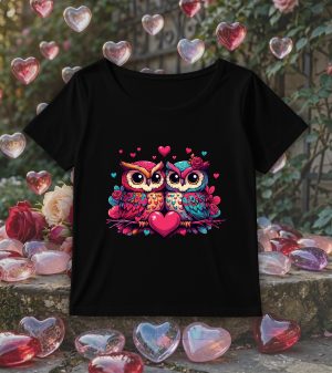 T-shirt noir col rond large femme vue de face Visuel Chouettes I - Loves Col rond Femmes / Chouettes ~ Loves