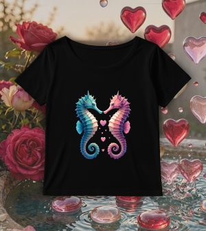 T-shirt noir col rond large femme vue de face Visuel Hippocampes I - Loves Col rond Femmes / Hippocampes ~ Loves
