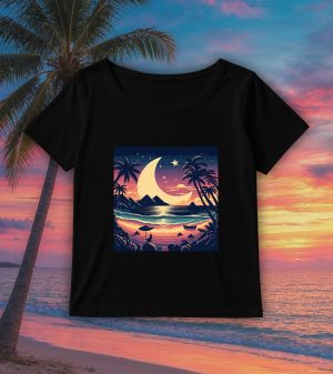 T-shirt noir col rond large femme vue de face Visuel Lune de mer I - Paysages Col rond Femmes / Lune de mer ~ Summers Vibes