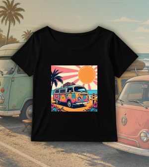T-shirt noir col rond large femme vue de face Visuel van II - Véhicules Col rond Femmes / Van II ~ Vintages Cars