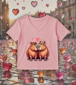 T-shirt rose col V femme vue de face Visuel Capybaras amoureux I - Loves Col V Femmes / Capybaras ~ Loves